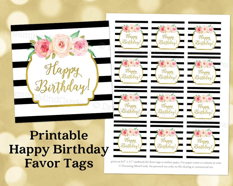 Printable Happy Birthday Favor Tags Black Stripes Pink | Etsy