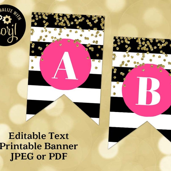 Printable Editable Text Banner Pink Gold Confetti Digital Download Birthday, Baby Shower, Retirement, Graduation