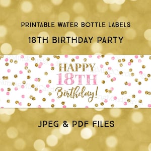 Printable Water Bottle Labels Happy 18th Birthday Light Pink Gold Confetti Instant Digital Download