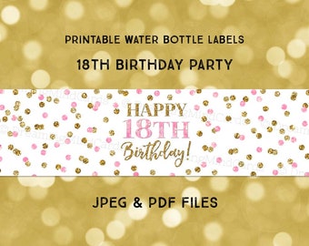 Printable Water Bottle Labels Happy 18th Birthday Light Pink Gold Confetti Instant Digital Download