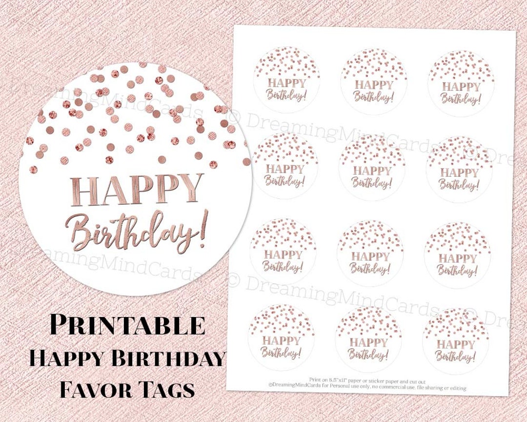 Printable Happy Birthday Round Tags Rose Gold Confetti Instant Digital ...