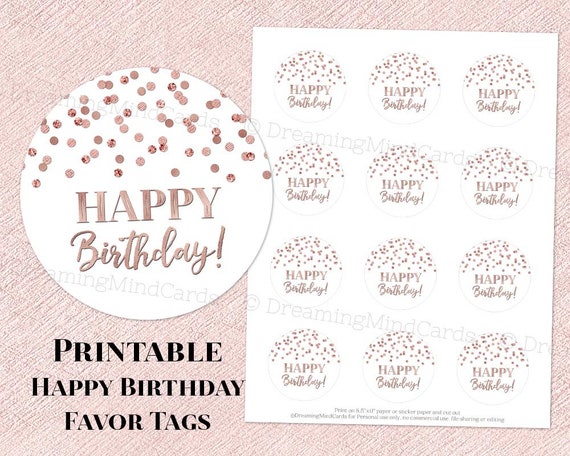 Printable Happy Birthday Round Tags Rose Gold Confetti Instant | Etsy