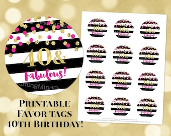 印刷可能な 40 歳の誕生日の素敵な丸いタグ、黒のストライプ、ピンクゴールドの紙吹雪、インスタントデジタルダウンロードラベル、ステッカーまたはタグ