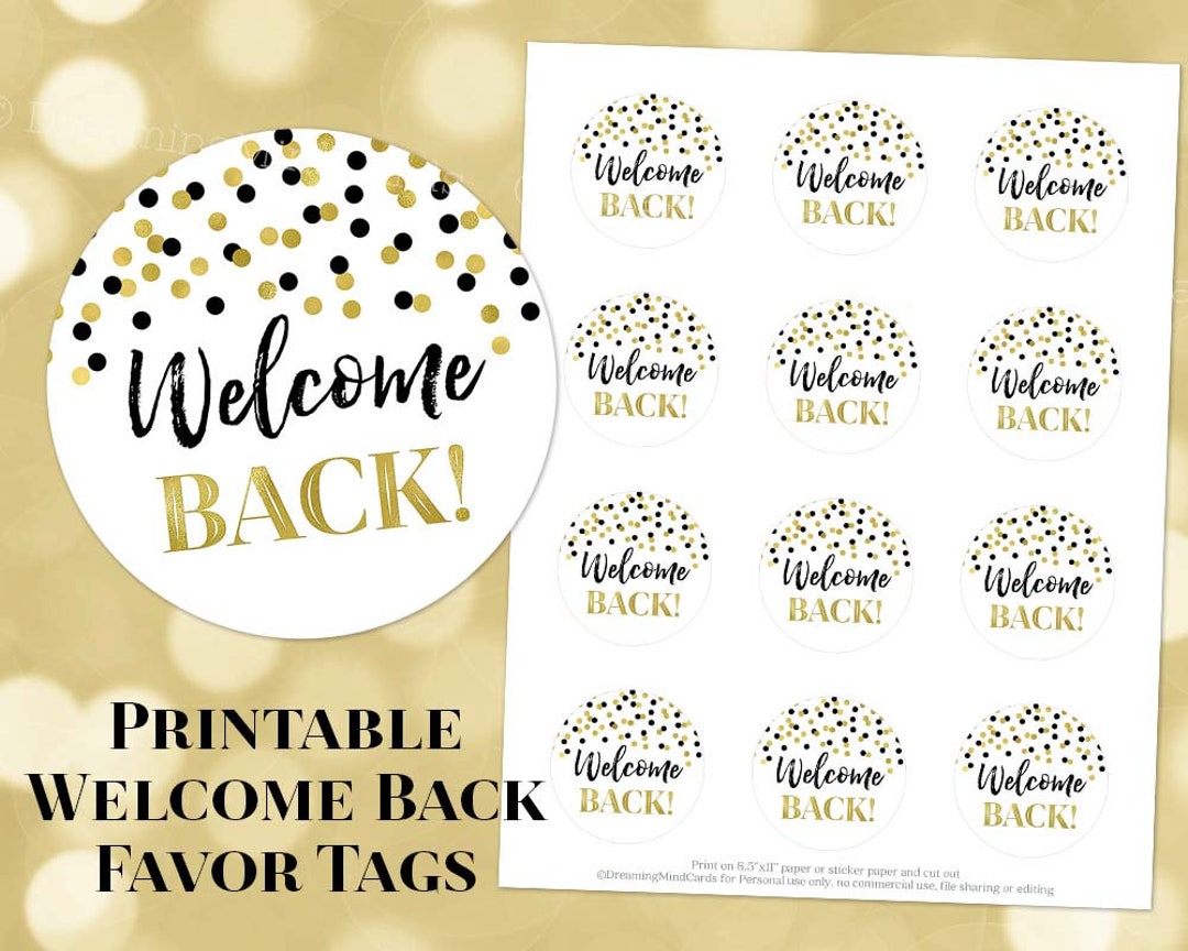 Printable Welcome Back Round Tags Black and Gold Confetti Instant Printable Welcome Back Round Tags Black and Gold Confetti Instant