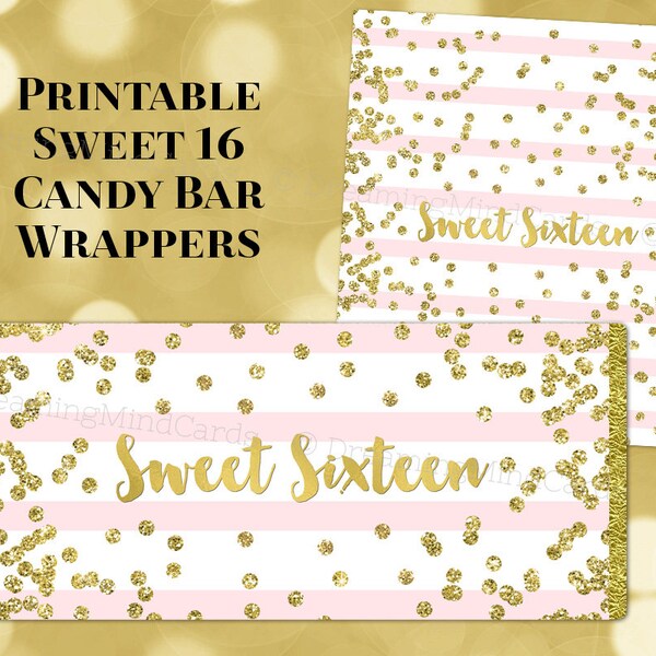 Printable Candy Bar Wrapper Sweet Sixteen Birthday Light Blush Pink Stripes Gold Confetti Digital Download Chocolate Bar Labels