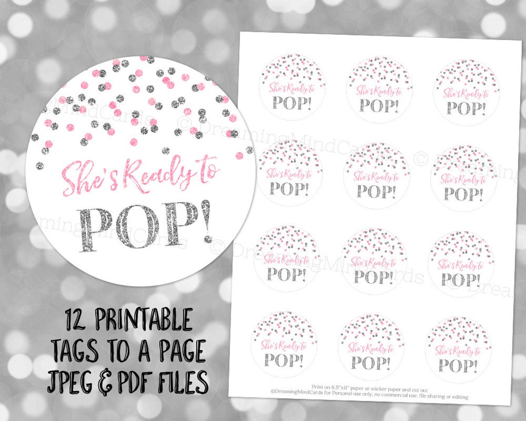 Printable She's Ready to Pop Round Favor Tags Light Pink Silver Glitter ...