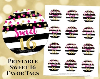 Printable Sweet 16 Birthday Party Round Tags Black Stripes Pink and Gold Confetti Instant Digital Download Labels Stickers or Tags