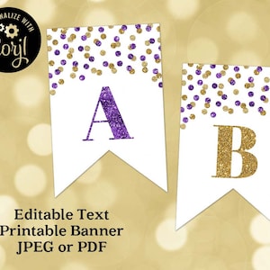 Afdrukbare bewerkbare tekstbanner paarse en gouden confetti digitale download verjaardag, babyshower, pensioen, afstuderen