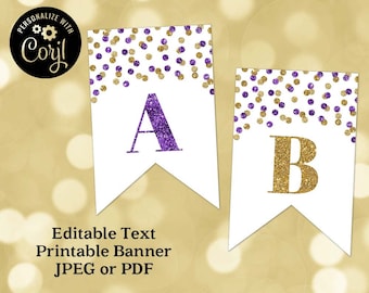 Printable Editable Text Banner Purple and Gold Confetti Digital Download Birthday, Baby Shower, Retirement, Graduation