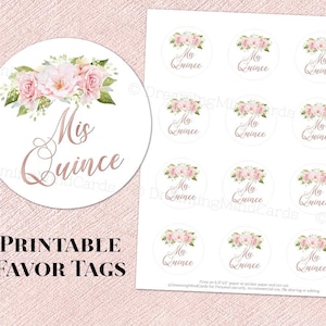 Printable Quinceanera 15th Birthday Party Round Tags Blush Pink Watercolor Flowers Rose Gold Instant Digital Download Labels Stickers Tags