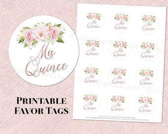 Printable Quinceanera 15th Birthday Party Round Tags Blush Pink Watercolor Flowers Rose Gold Instant Digital Download Labels Stickers Tags