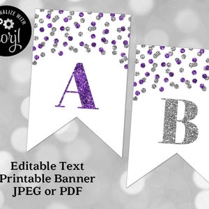 Printable Editable Text Banner Purple and Silver Confetti Digital Download Birthday, Baby Shower, Retirement, Graduation