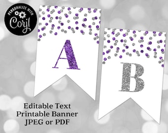 Printable Editable Text Banner Purple and Silver Confetti Digital Download Birthday, Baby Shower, Retirement, Graduation