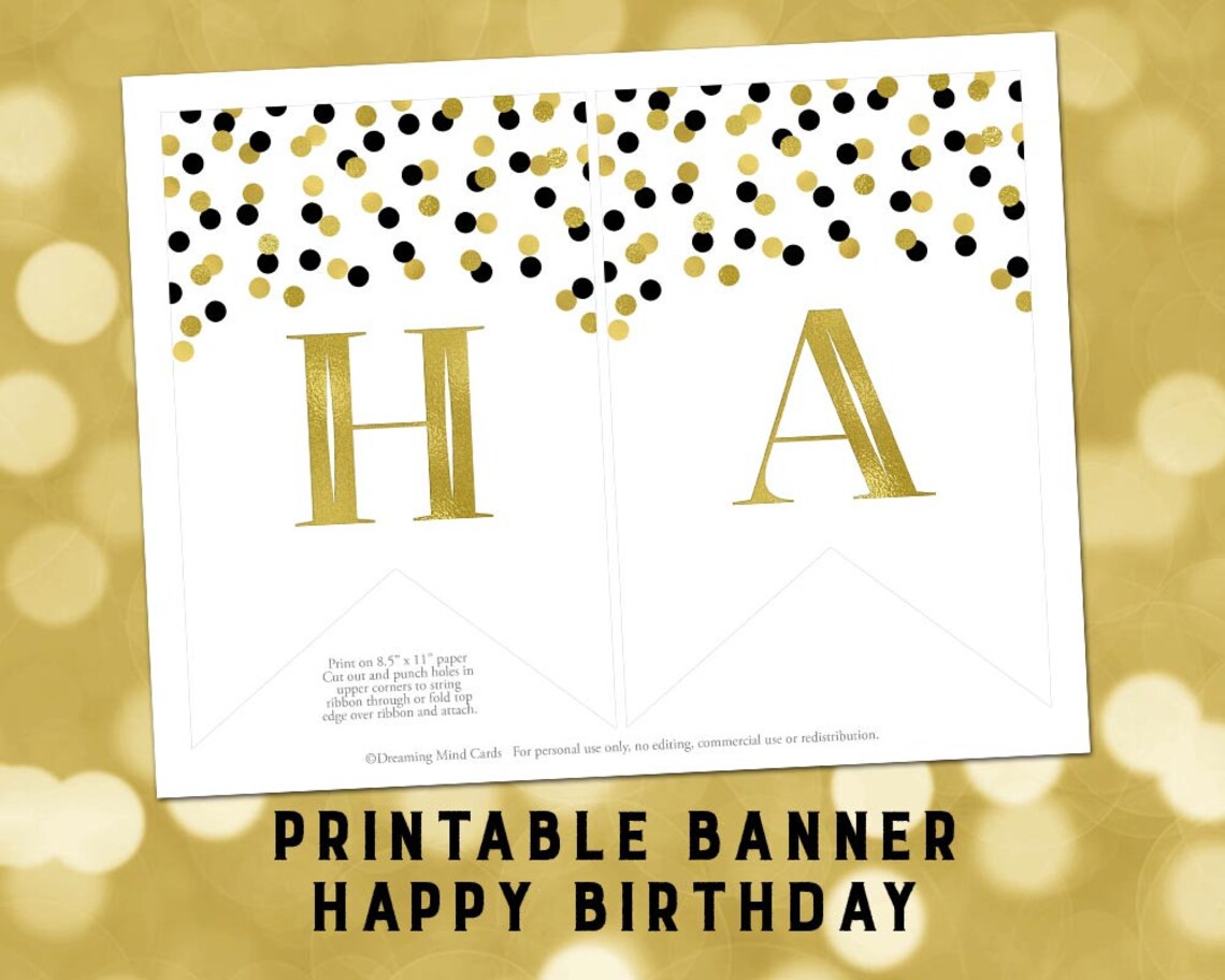 Printable Happy 60th Birthday Banner Black Gold Confetti - Etsy