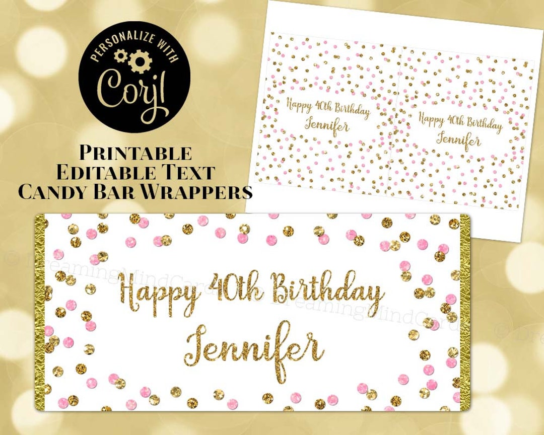Printable Editable Text Birthday Candy Bar Wrapper Pink and Gold ...