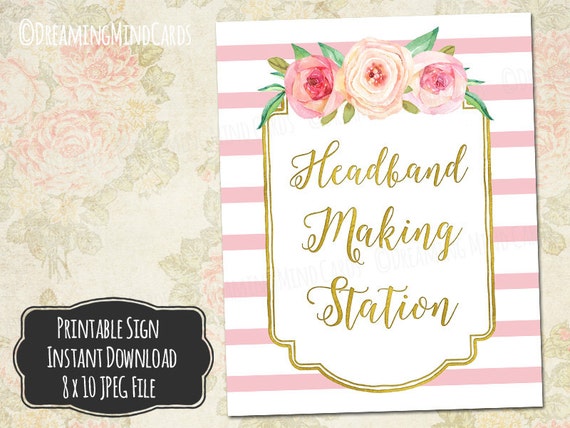 Printable Headband Making Station Sign 8x10 Pink Watercolor | Etsy