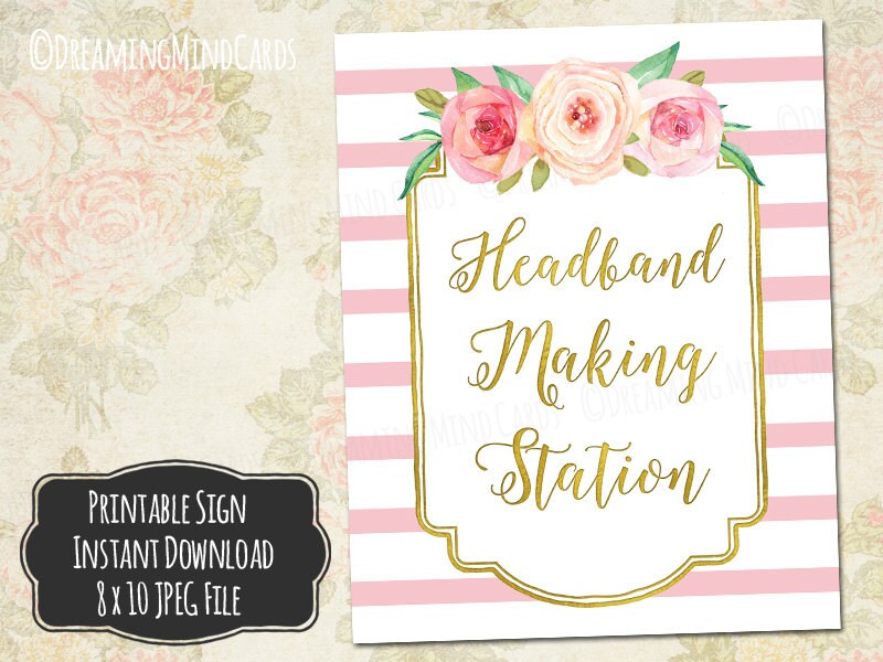 Printable Headband Making Station Sign 8x10 Pink Watercolor | Etsy
