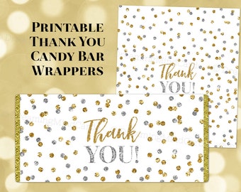 Printable Candy Bar Wrapper Labels Thank You Silver Gold Confetti Birthday Wedding Baby Shower Bridal Shower Digital