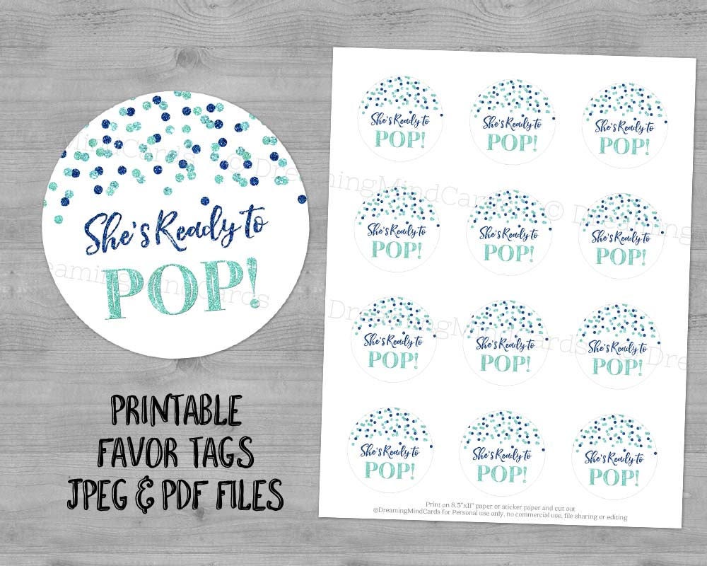 Printable She's Ready to Pop Round Favor Tags Blue Glitter | Etsy