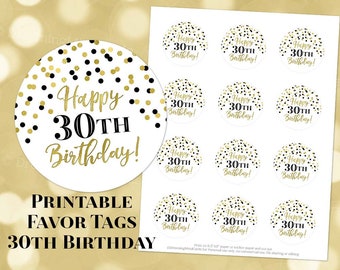 Printable Happy 30th Birthday Round Tags Black and Gold Confetti Instant Digital Download Labels Stickers or Tags
