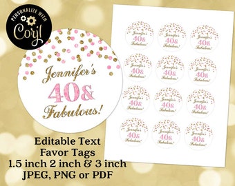 印刷可能で編集可能なテキスト、素敵な誕生日の丸い記念品タグ、ピンクとゴールドの紙吹雪、誕生日パーティーのギフトタグ、インスタントデジタルダウンロードステッカー