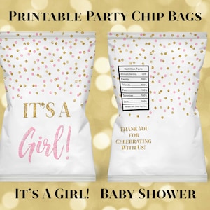 Printable Mini Chip Bag It&#39;s a Girl Baby Shower Pink Gold Confetti Digital Download