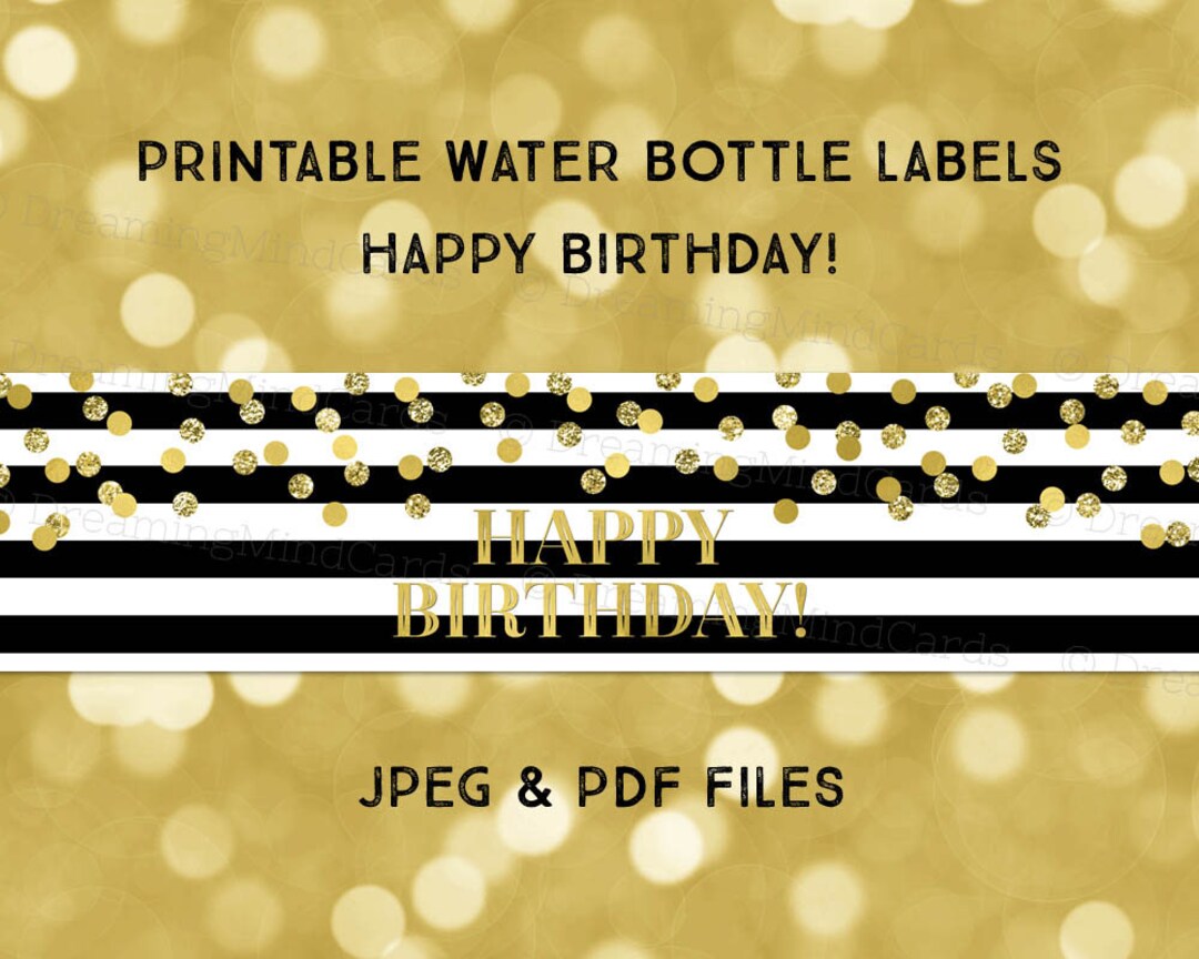 Printable Water Bottle Labels Happy Birthday Black and White Stripes
