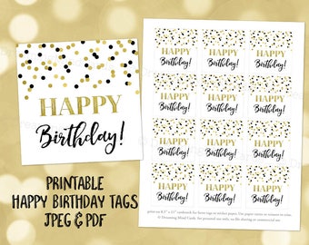 Imprimable joyeux anniversaire faveur étiquettes or noir confettis fête d'anniversaire cadeau étiquette téléchargement numérique instantané autocollant