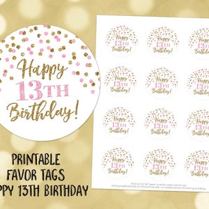 Printable Happy 13th Birthday Round Tags Pink Gold Confetti Instant Digital Download Labels Stickers or Tags