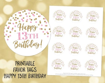 Printable Happy 13th Birthday Round Tags Pink Gold Confetti Instant Digital Download Labels Stickers or Tags