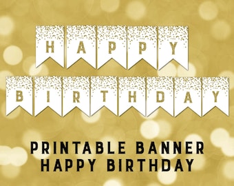 Printable Happy Birthday Banner Gold Confetti Bunting Instant Digital Download Birthday Party