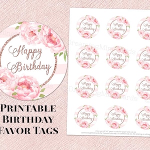 Printable Happy Birthday Round Tags Rose Gold Glitter Pink Stripes Watercolor Flowers Instant Digital Download Labels Stickers or Tags
