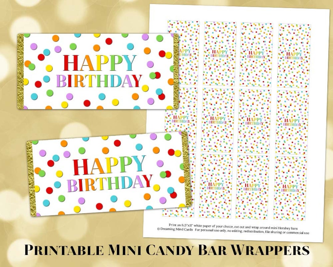 Printable Mini Candy Bar Wrapper Labels Happy Birthday Rainbow Confetti ...