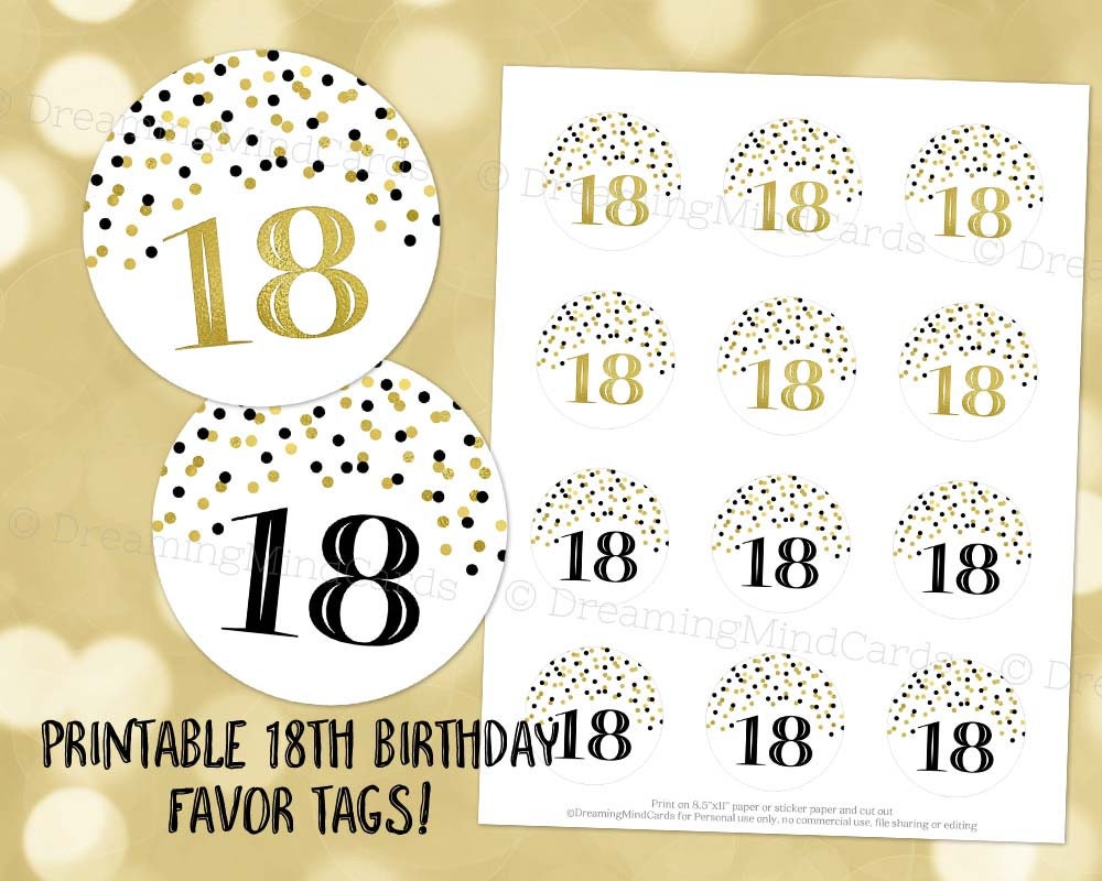 Printable 18th Birthday Party Round Tags Black and Gold | Etsy