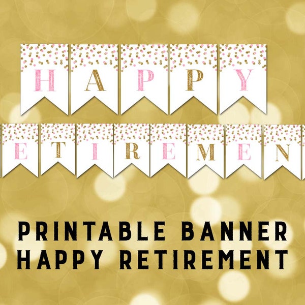 Afdrukbare Happy Pensioen Banner Roze Gouden Confetti Bunting Instant Digitale Download Pensioenfeest