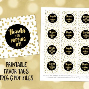 Printable Thank You for Popping By Favor Tags Black Gold Confetti for Baby Shower Popcorn Birthday Instant Digital Download
