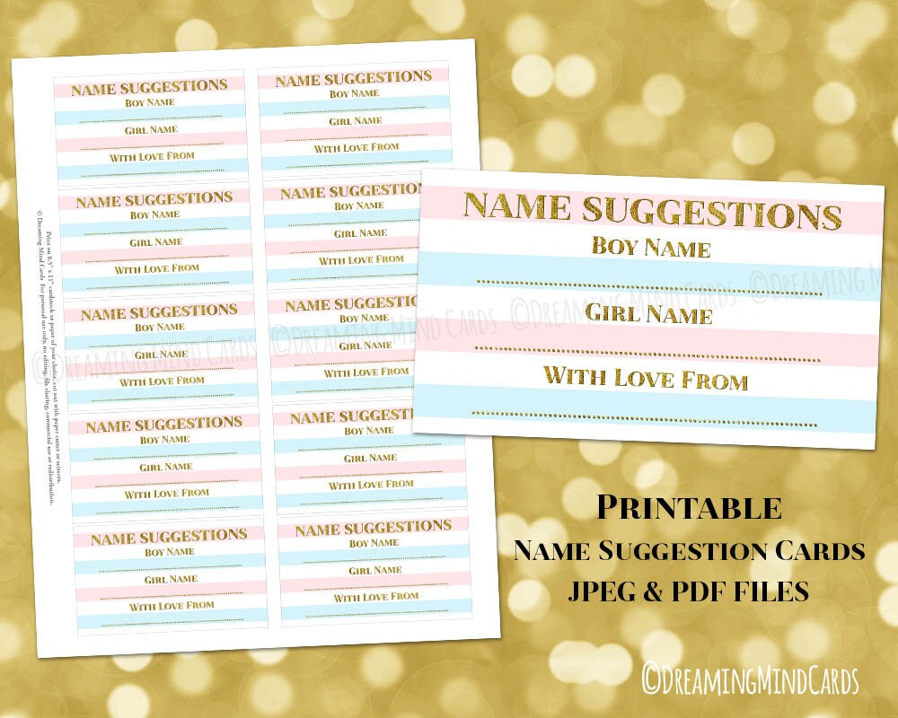 Name Suggestion Card for Baby Shower Printable Gold Pink Blue Etsy