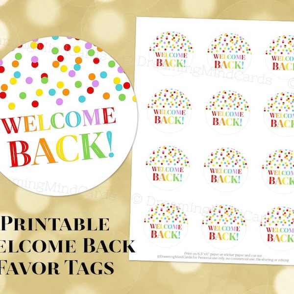 Printable Welcome Back Round Tags Rainbow Confetti Instant Digital Download Labels Stickers or Tags