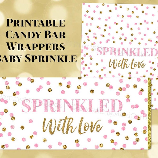 Printable Candy Bar Wrapper Baby Sprinkle Gold Light Pink Confetti Sprinkled with Love Digital Download Chocolate Bar Labels