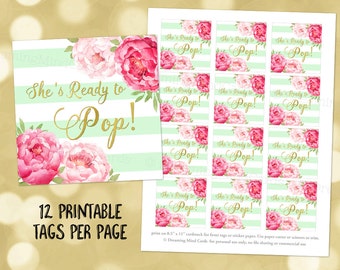 Printable She's Ready to Pop Favor Tags Mint Stripes Gold Pink Watercolor Floral for Baby Shower Popcorn Instant Digital Download
