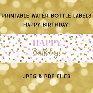 Printable Water Bottle Labels Happy Birthday Light Pink Gold Confetti Instant Digital Download