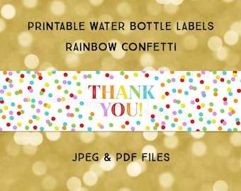 Printable Water Bottle Labels Thank You Rainbow Confetti Instant Digital Download