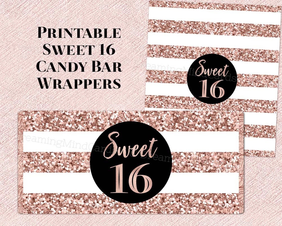 Printable Candy Bar Wrapper Sweet 16 Birthday Rose Gold Stripes Digital ...