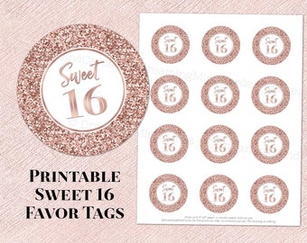 Printable Sweet 16 Birthday Party Round Tags Rose Gold Glitter Instant Digital Download Labels Stickers or Tags