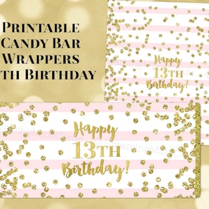 Printable Candy Bar Wrapper Happy 13th Birthday Light Pink Stripes Gold Confetti Digital Download Chocolate Bar Labels Birthday Party