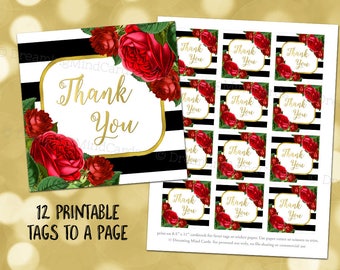 Printable Thank You Favor Tags Black Stripes Gold Red Watercolor Floral for Wedding, Baby Shower, Bridal Shower Instant Digital Download