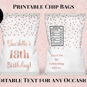 Printable Editable Text Birthday Mini Chip Bags Rose Gold Confetti Digital Download Birthday Party