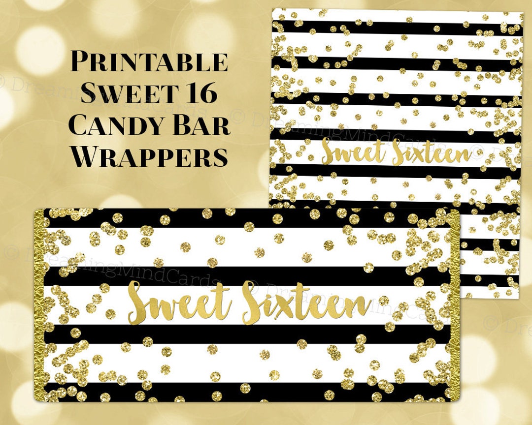 Printable Candy Bar Wrapper Sweet Sixteen Birthday Black Stripes Gold ...