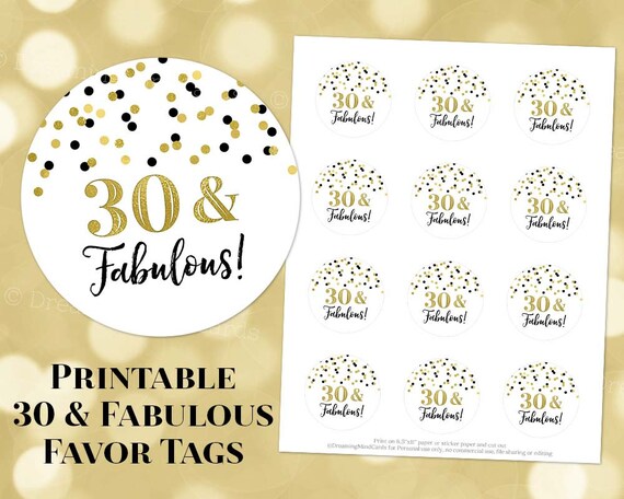 Printable 30 and Fabulous 30th Birthday Round Tags Black and - Etsy