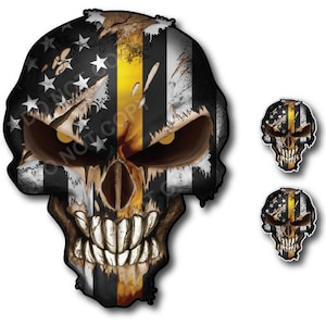 May include: A skull graphic with an American flag and a yellow stripe, representing the Thin Yellow Line, a symbol of support for law enforcement. The skull is distressed and has a grunge aesthetic. There are two smaller versions of the skull graphic included.